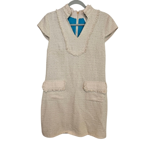 Sail To Sable Vneck Tweed Cap Sleeve Shift Mini Dress Quiet Luxury Preppy - Picture 2 of 12